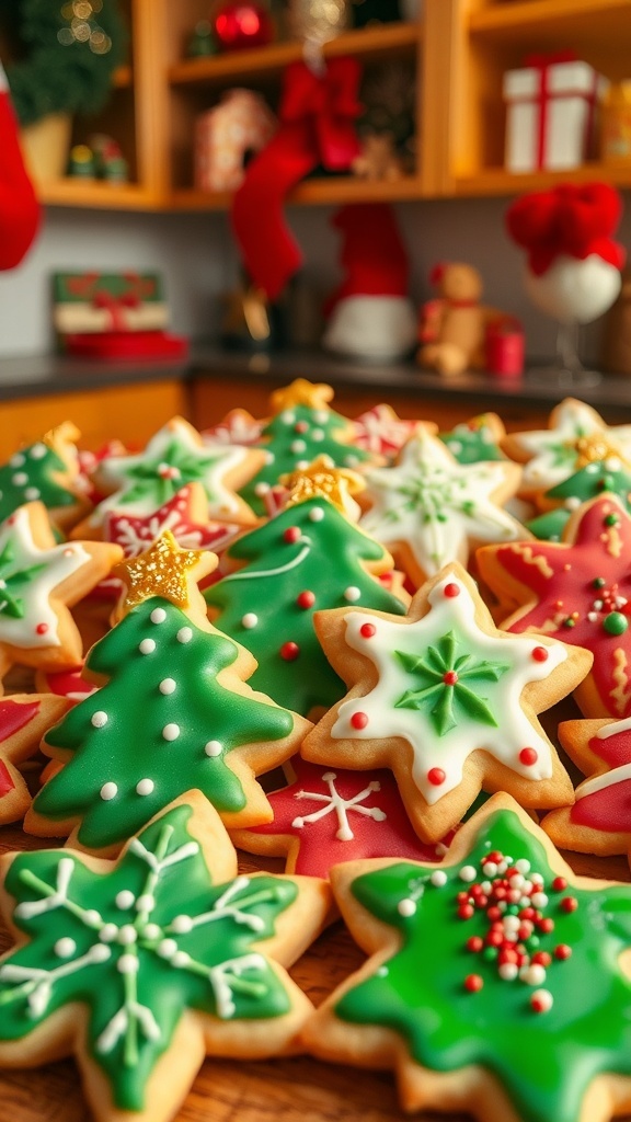A colorful assortment of Christmas cookies decorated with icing and sprinkles on a festive table.